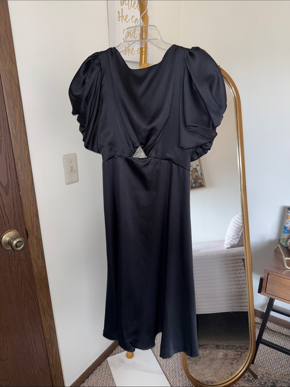 Vintage Black Puff-Sleeve Midi Dress with V-Front Detail